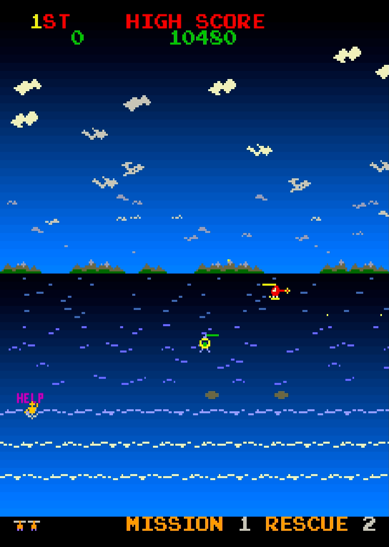 Screenshot from mission 1 of Rescue with a man in the water and the chopper on its way over.