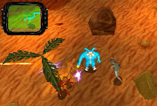 A screenshot from Re-Loaded. A person in a bunny suit stands in the desert.