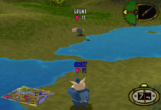 A screenshot from Hogs of War. One pig is shooting another with a rifle.
