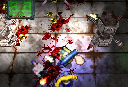 A screenshot from Loaded. Missile turrets and gore.